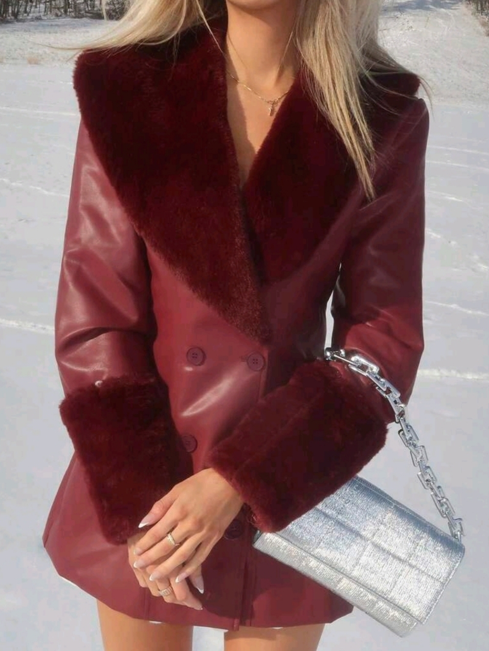 Women’s Burgundy Faux-Fur Trim Jacket